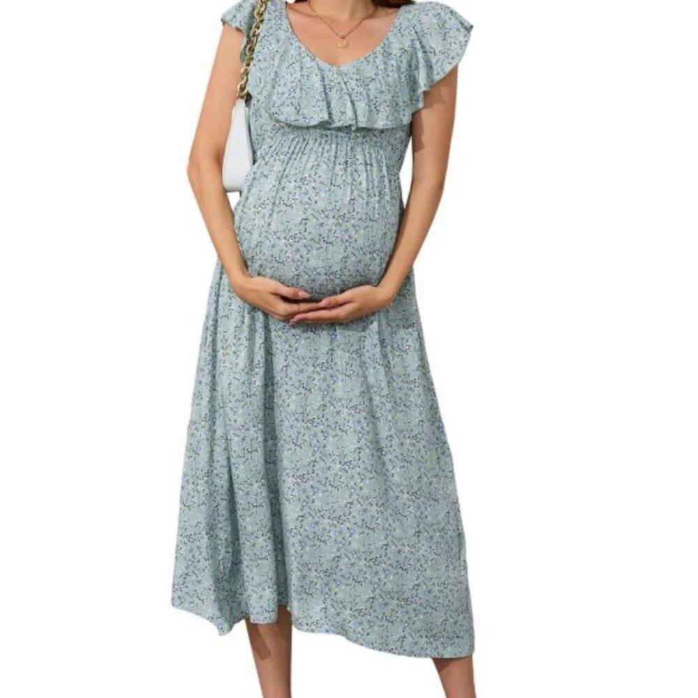 Maternity Boho Maxi Sundress - Light Green Floral Print - 2XL